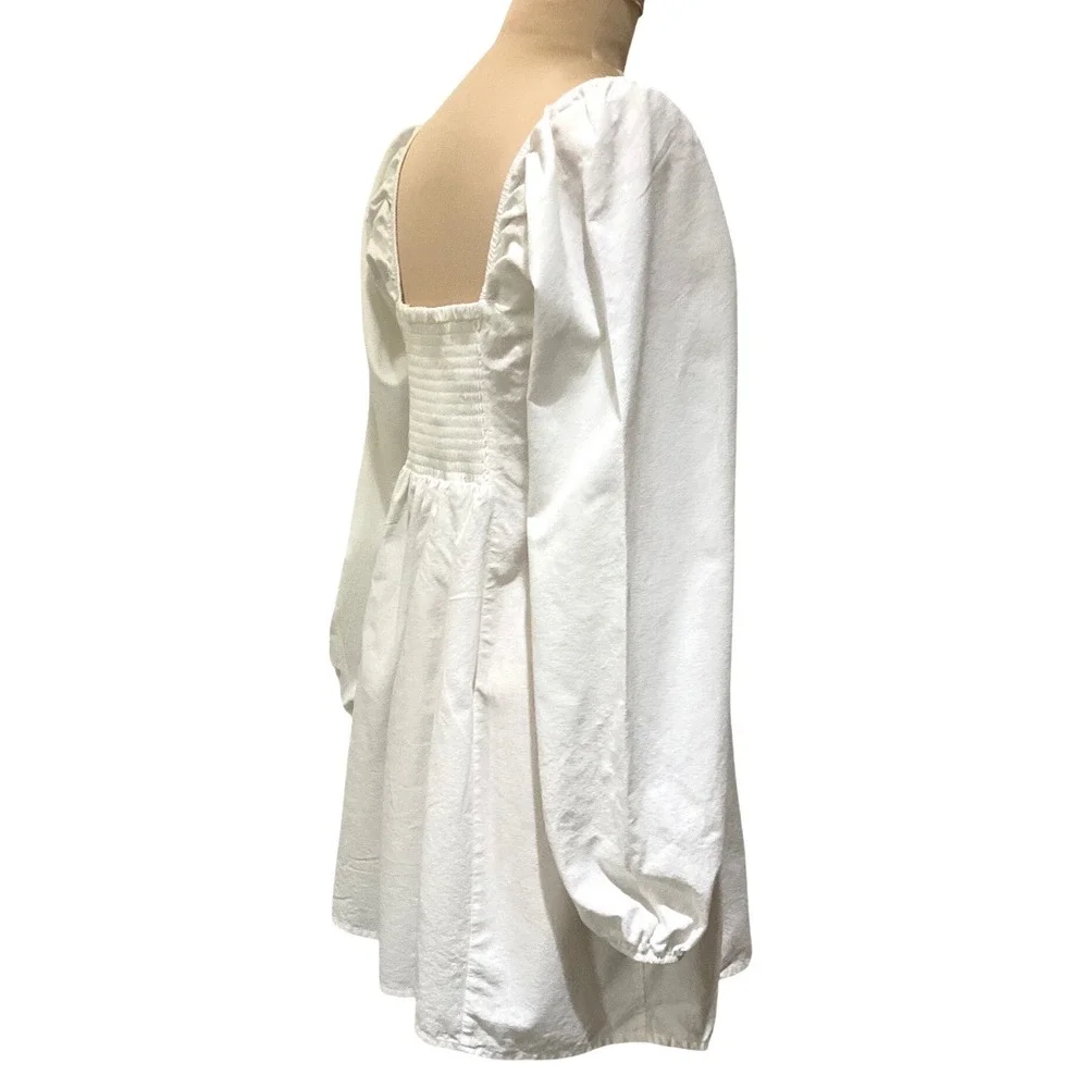 Free People White Cotton Linen Puff Sleeve Mini Dress Smocked Back Cottagecore M